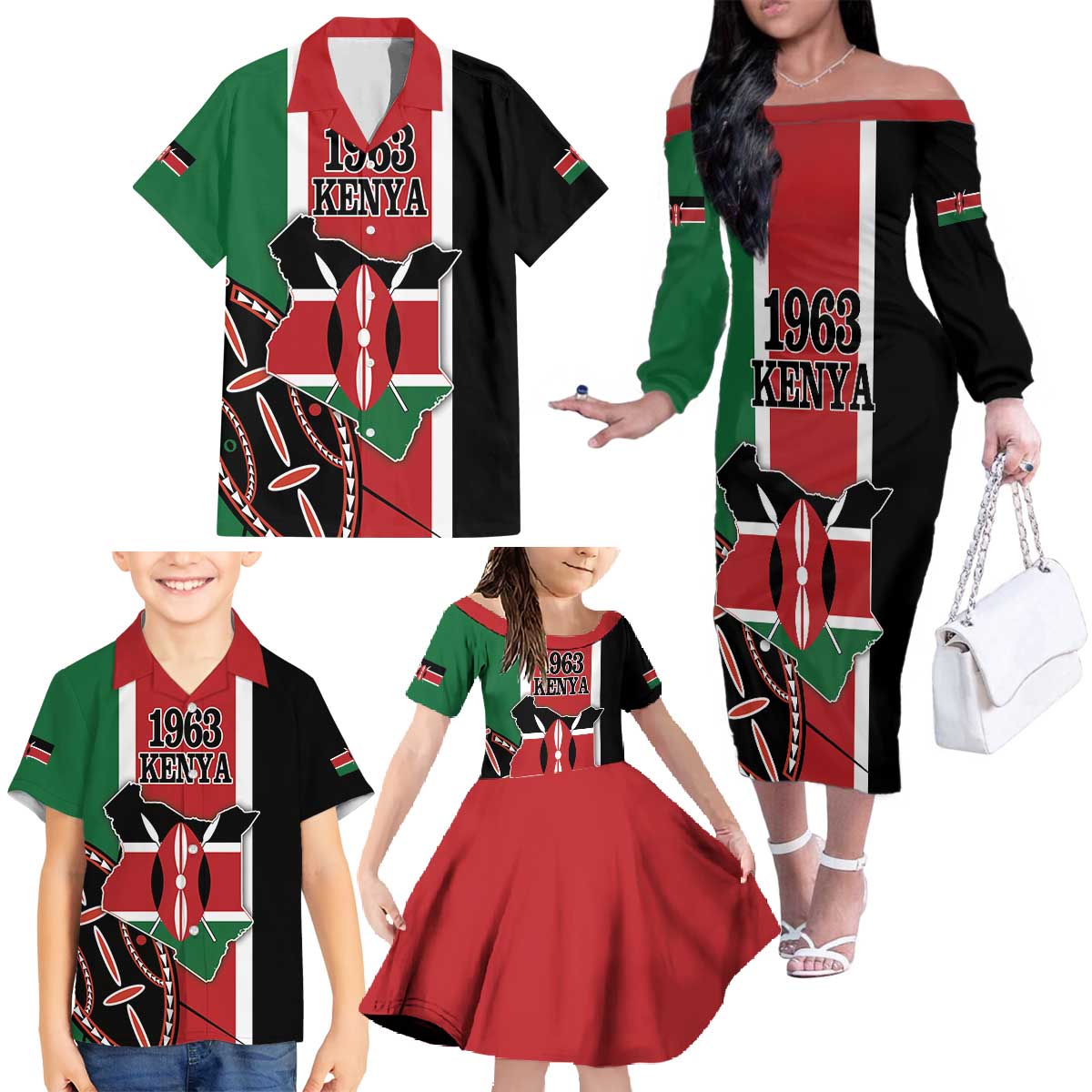 Personalized Kenya Independence Day Family Matching Off The Shoulder Long Sleeve Dress and Hawaiian Shirt Let Us All Pull Together - Wonder Print Shop