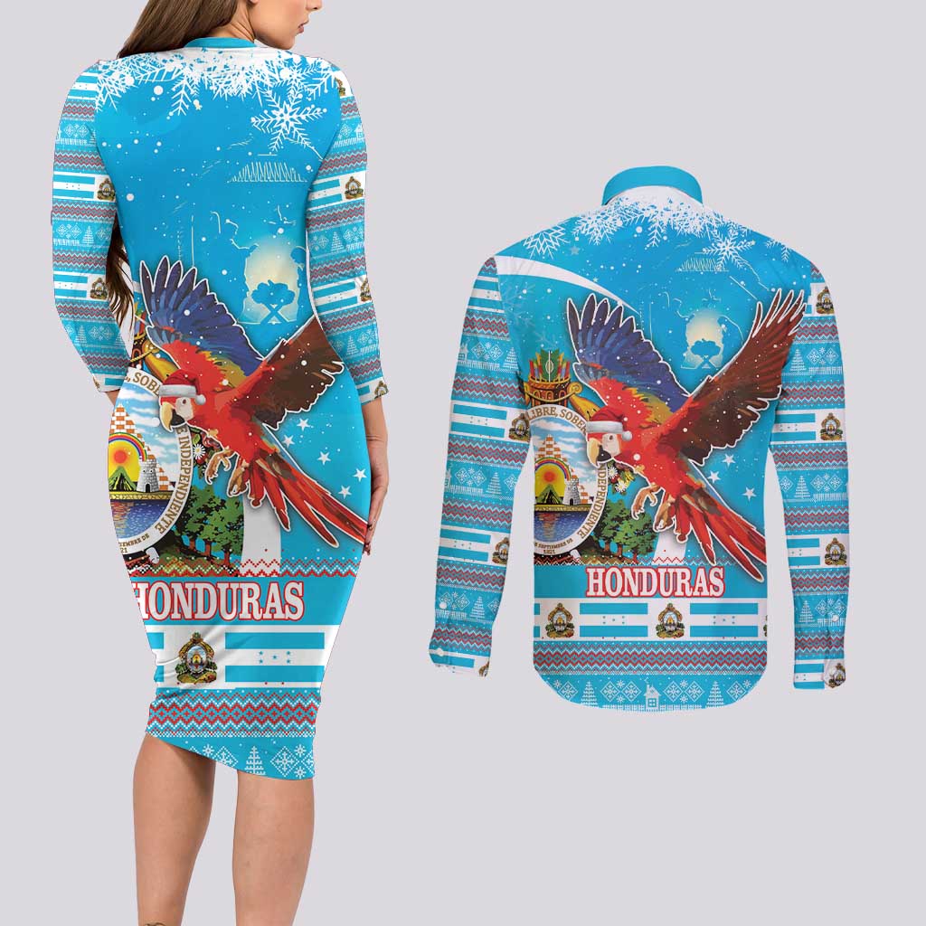 Honduras Christmas Couples Matching Long Sleeve Bodycon Dress and Long Sleeve Button Shirt Scarlet Macaw Feliz Navidad - Wonder Print Shop