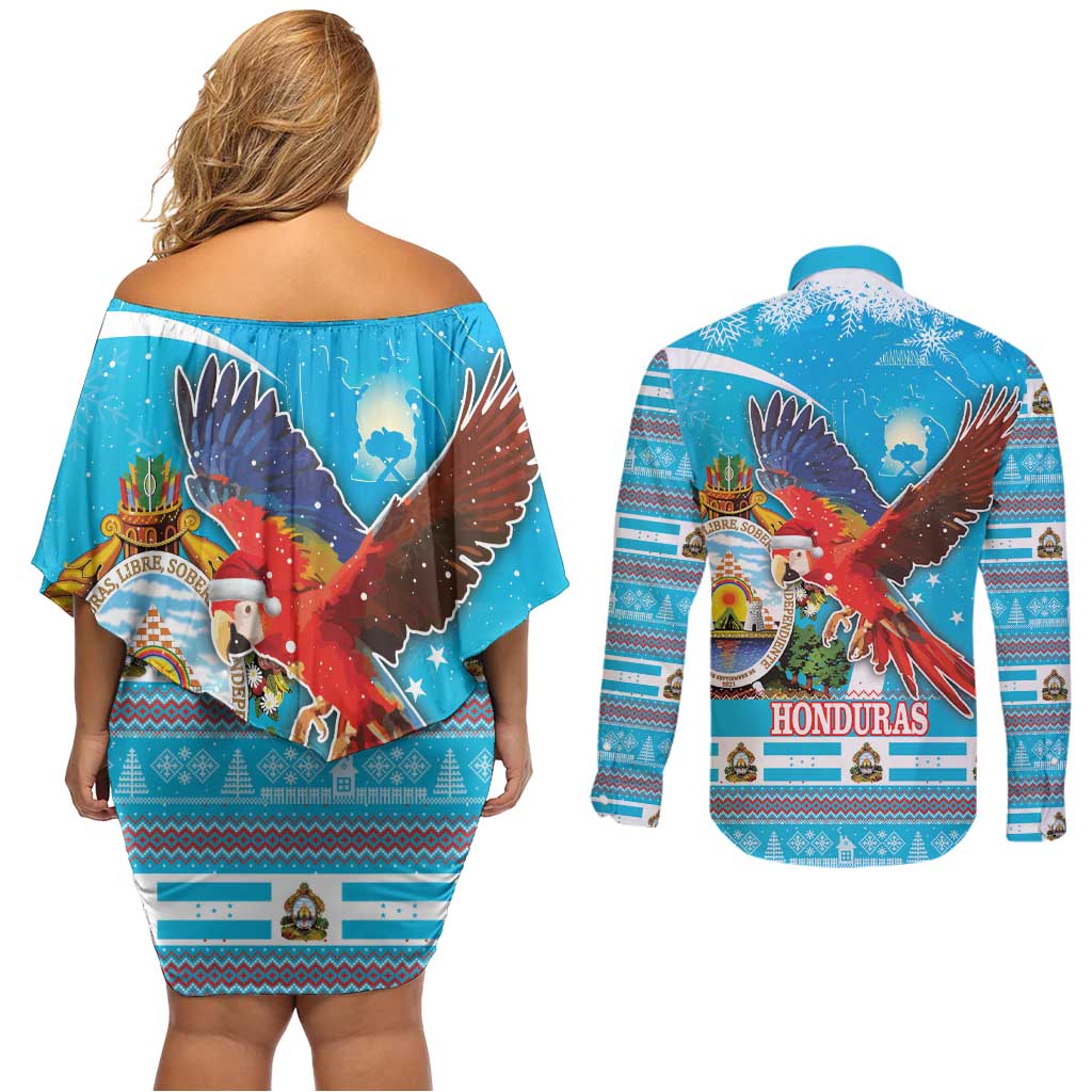 Honduras Christmas Couples Matching Off Shoulder Short Dress and Long Sleeve Button Shirt Scarlet Macaw Feliz Navidad - Wonder Print Shop