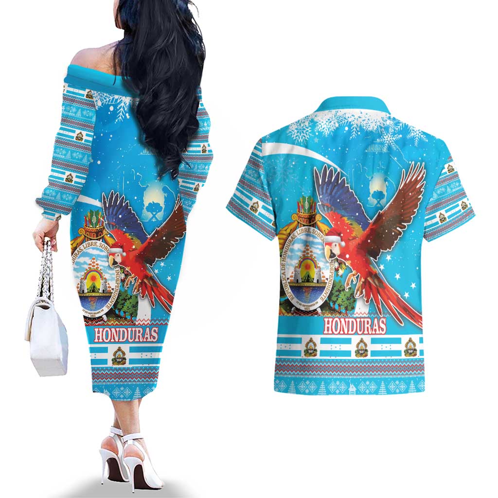 Honduras Christmas Couples Matching Off The Shoulder Long Sleeve Dress and Hawaiian Shirt Scarlet Macaw Feliz Navidad - Wonder Print Shop