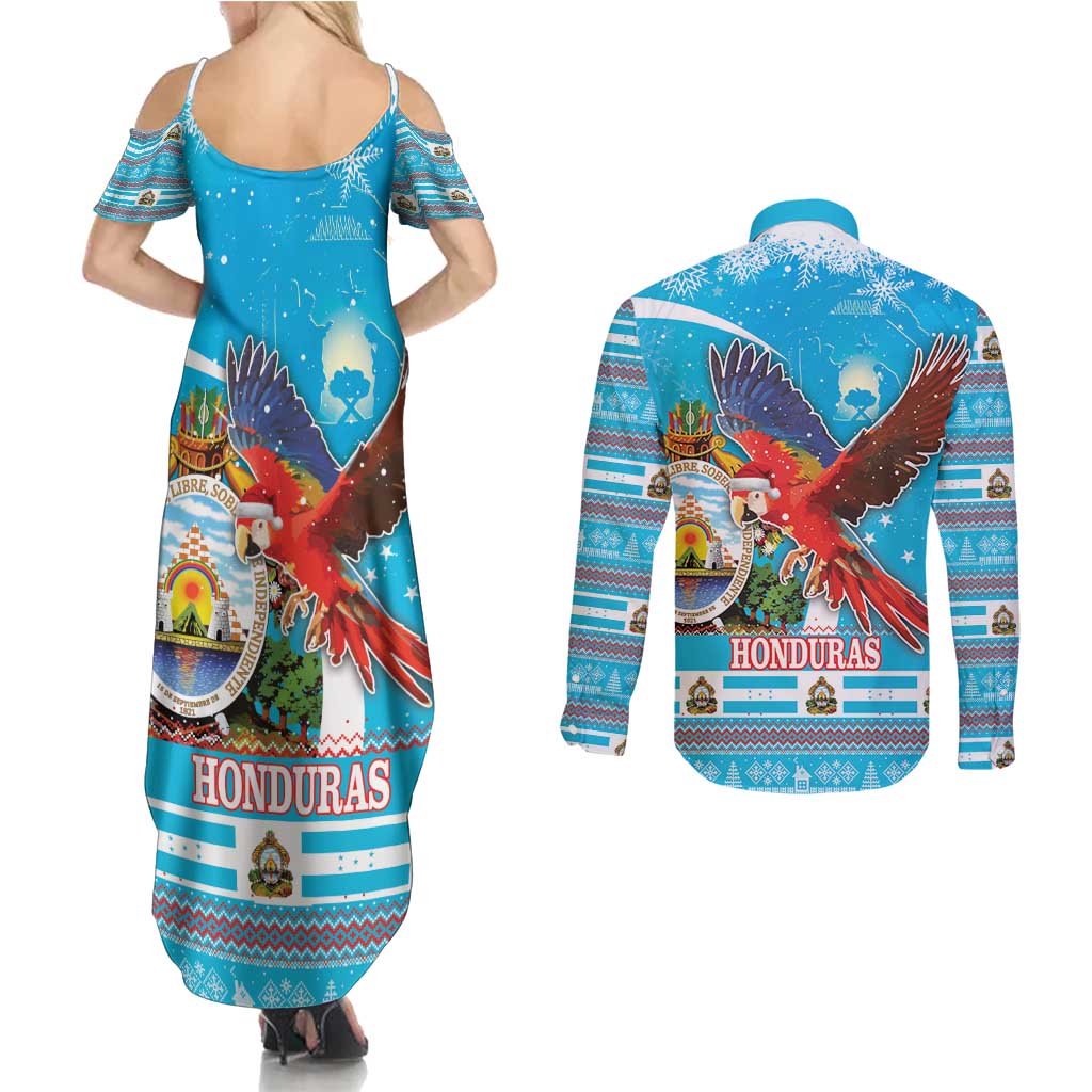Honduras Christmas Couples Matching Summer Maxi Dress and Long Sleeve Button Shirt Scarlet Macaw Feliz Navidad - Wonder Print Shop