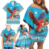 Honduras Christmas Family Matching Off Shoulder Short Dress and Hawaiian Shirt Scarlet Macaw Feliz Navidad - Wonder Print Shop