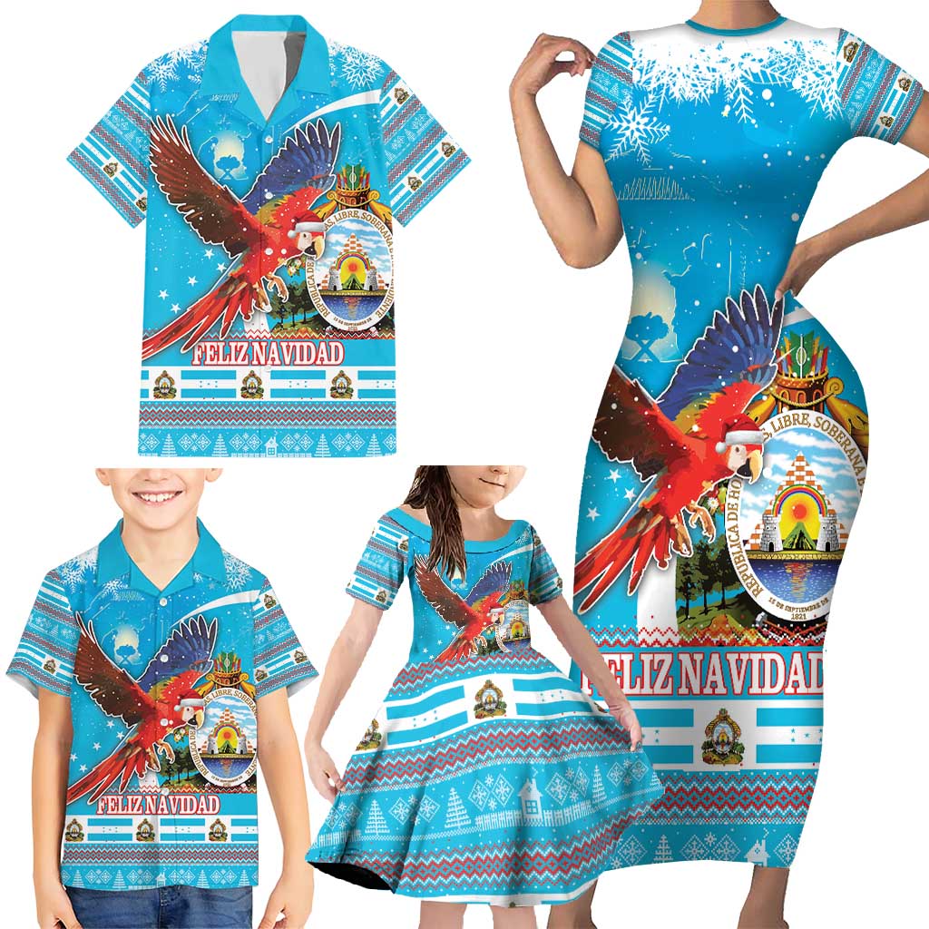 Honduras Christmas Family Matching Short Sleeve Bodycon Dress and Hawaiian Shirt Scarlet Macaw Feliz Navidad - Wonder Print Shop