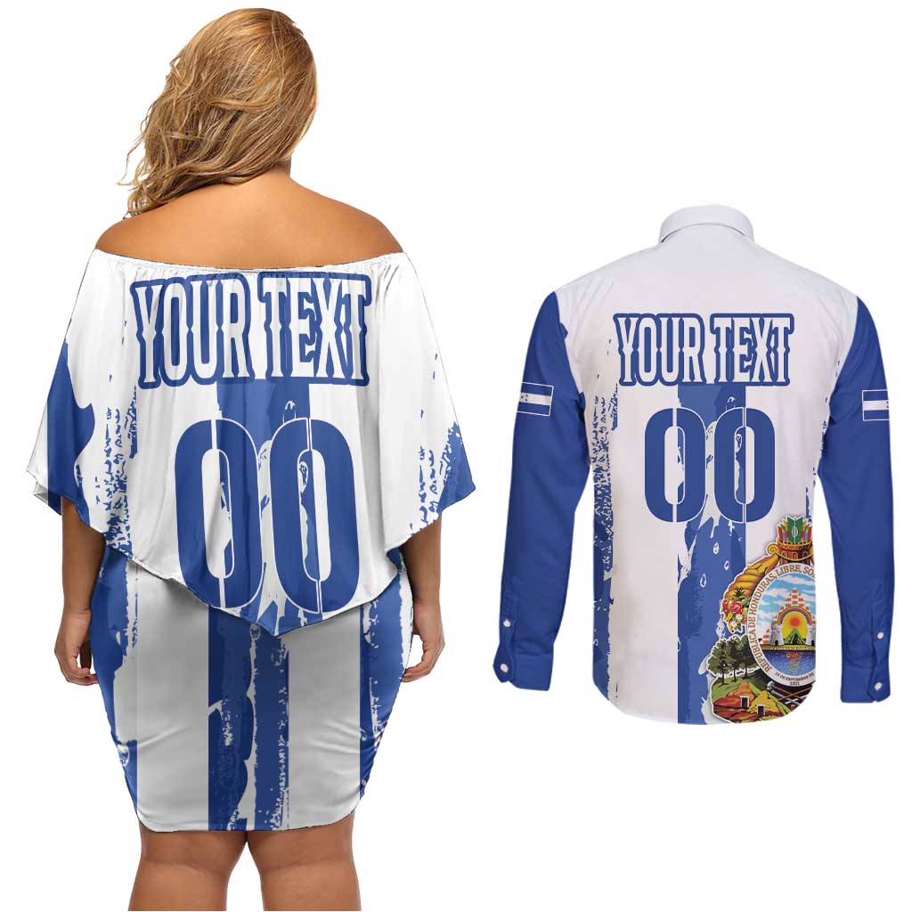 Custom Honduras Football Couples Matching Off Shoulder Short Dress and Long Sleeve Button Shirt Los Catrachos Grunge Style - Wonder Print Shop