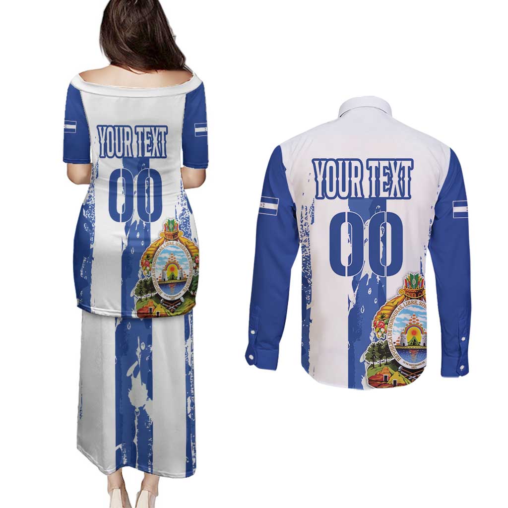 Custom Honduras Football Couples Matching Puletasi and Long Sleeve Button Shirt Los Catrachos Grunge Style - Wonder Print Shop