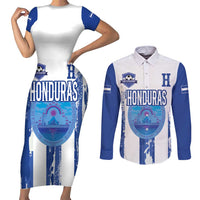 Custom Honduras Football Couples Matching Short Sleeve Bodycon Dress and Long Sleeve Button Shirt Los Catrachos Grunge Style - Wonder Print Shop