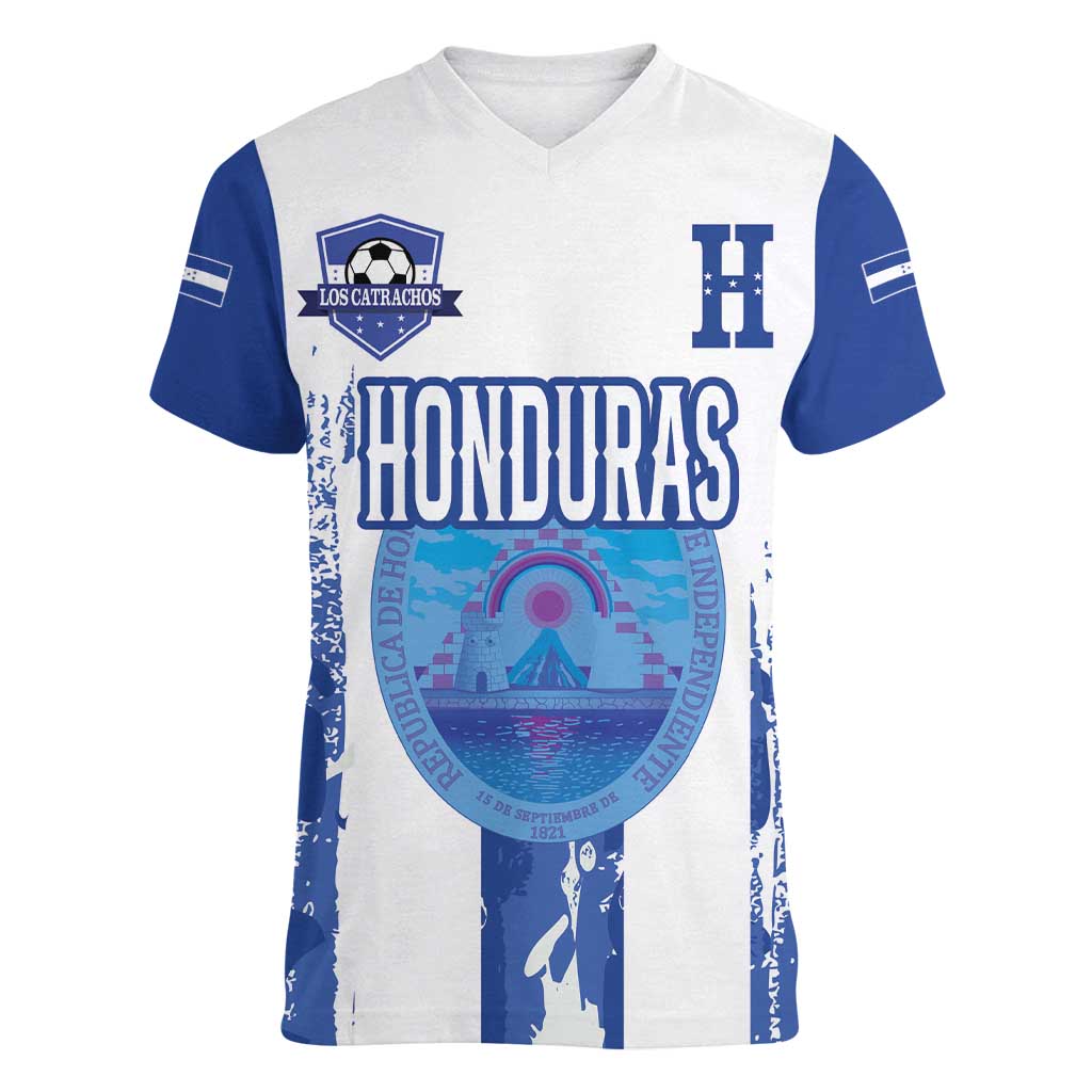 Custom Honduras Football Women V-Neck T-Shirt Los Catrachos Grunge Style - Wonder Print Shop