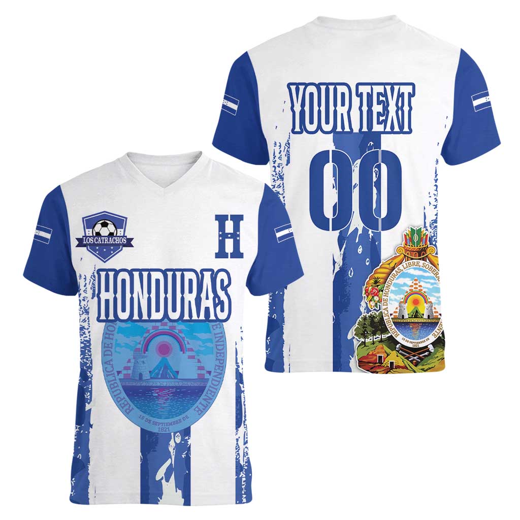 Custom Honduras Football Women V-Neck T-Shirt Los Catrachos Grunge Style - Wonder Print Shop