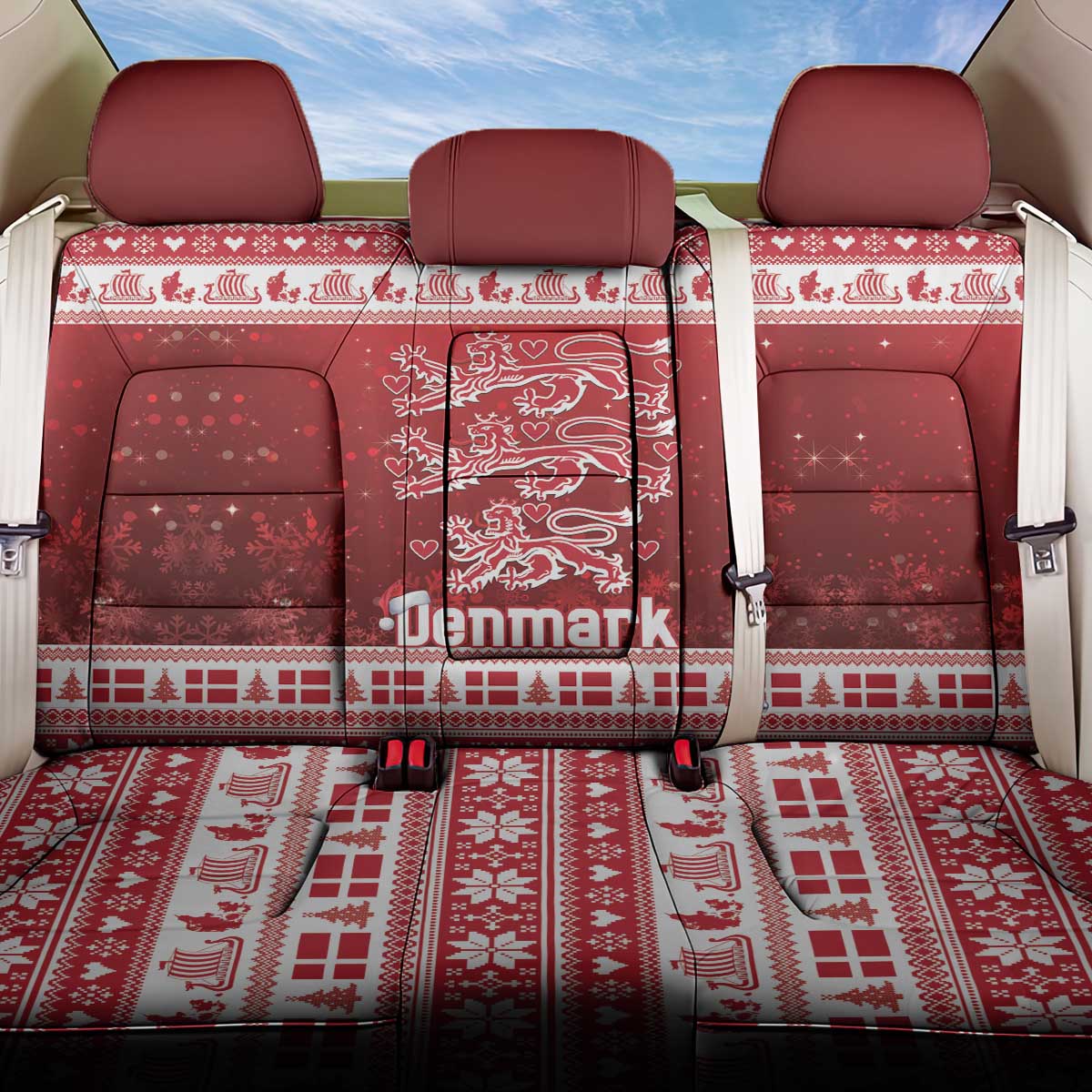 Denmark Christmas Back Car Seat Cover Three Danish Lions - Wonder Print Shop