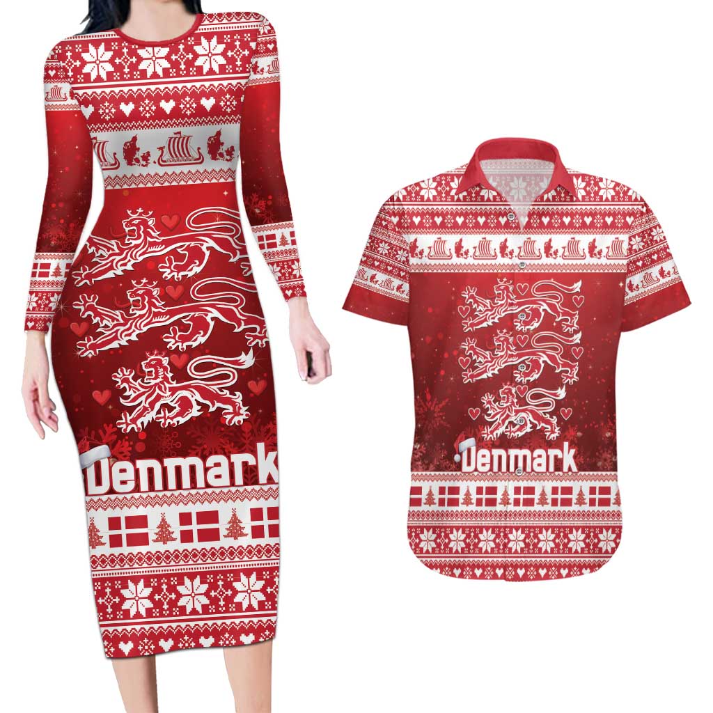 Denmark Christmas Couples Matching Long Sleeve Bodycon Dress and Hawaiian Shirt Three Danish Lions - Wonder Print Shop