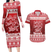 Denmark Christmas Couples Matching Long Sleeve Bodycon Dress and Hawaiian Shirt Three Danish Lions - Wonder Print Shop