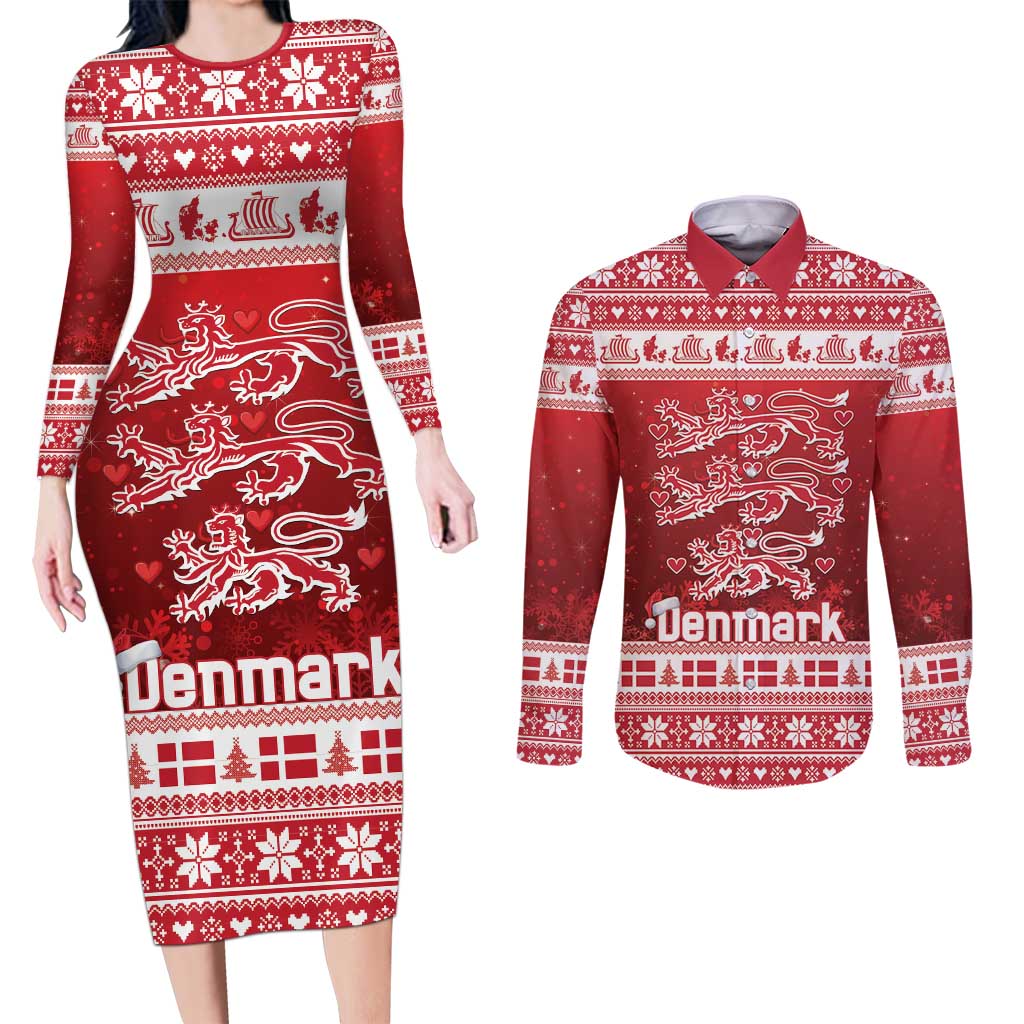 Denmark Christmas Couples Matching Long Sleeve Bodycon Dress and Long Sleeve Button Shirt Three Danish Lions - Wonder Print Shop