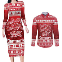 Denmark Christmas Couples Matching Long Sleeve Bodycon Dress and Long Sleeve Button Shirt Three Danish Lions - Wonder Print Shop