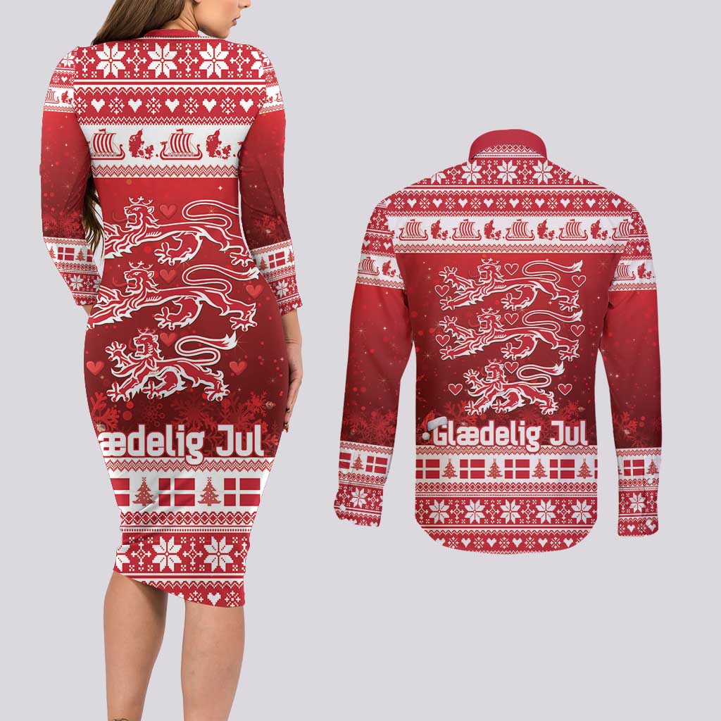 Denmark Christmas Couples Matching Long Sleeve Bodycon Dress and Long Sleeve Button Shirt Three Danish Lions - Wonder Print Shop
