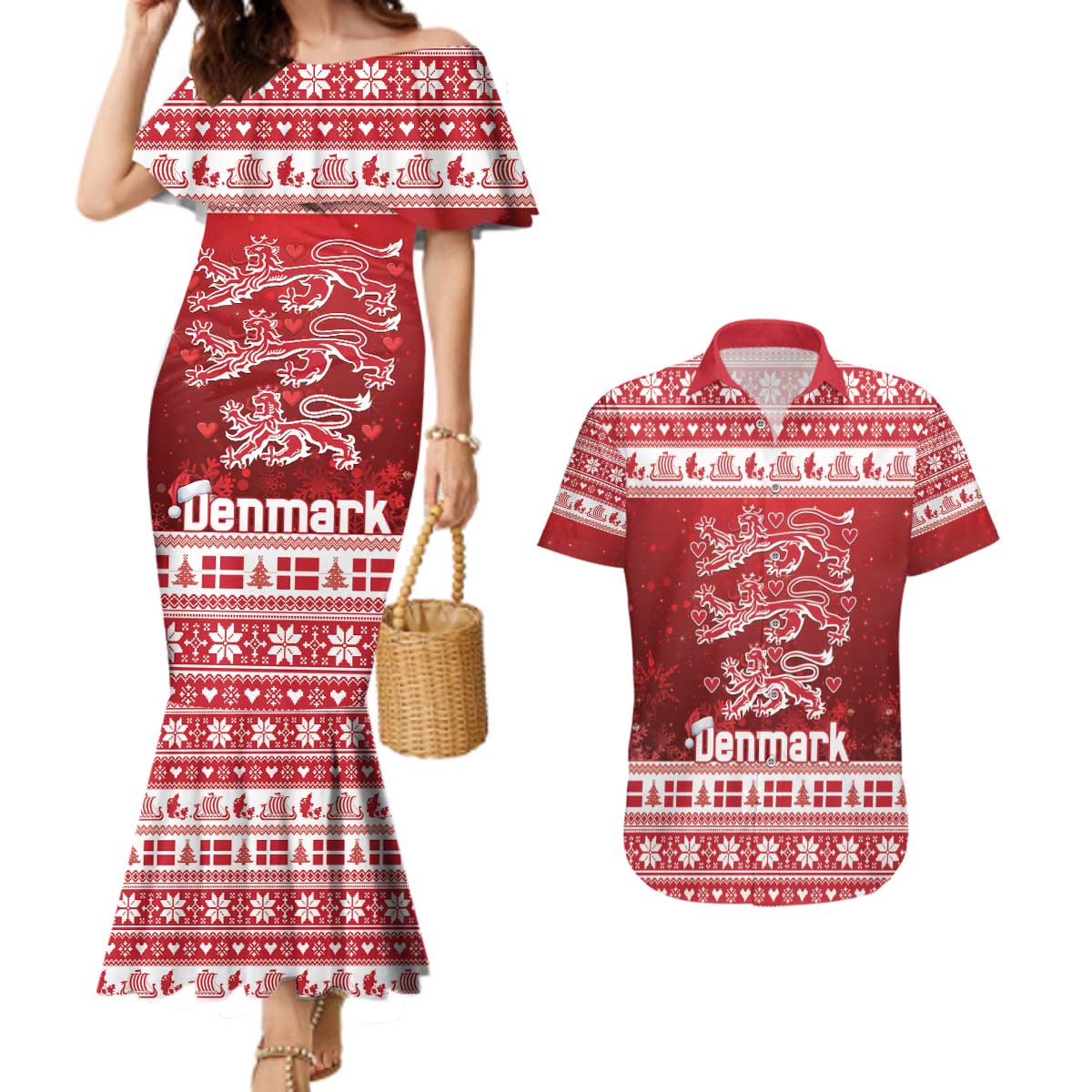 Denmark Christmas Couples Matching Mermaid Dress and Hawaiian Shirt Three Danish Lions - Wonder Print Shop