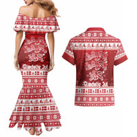 Denmark Christmas Couples Matching Mermaid Dress and Hawaiian Shirt Three Danish Lions - Wonder Print Shop