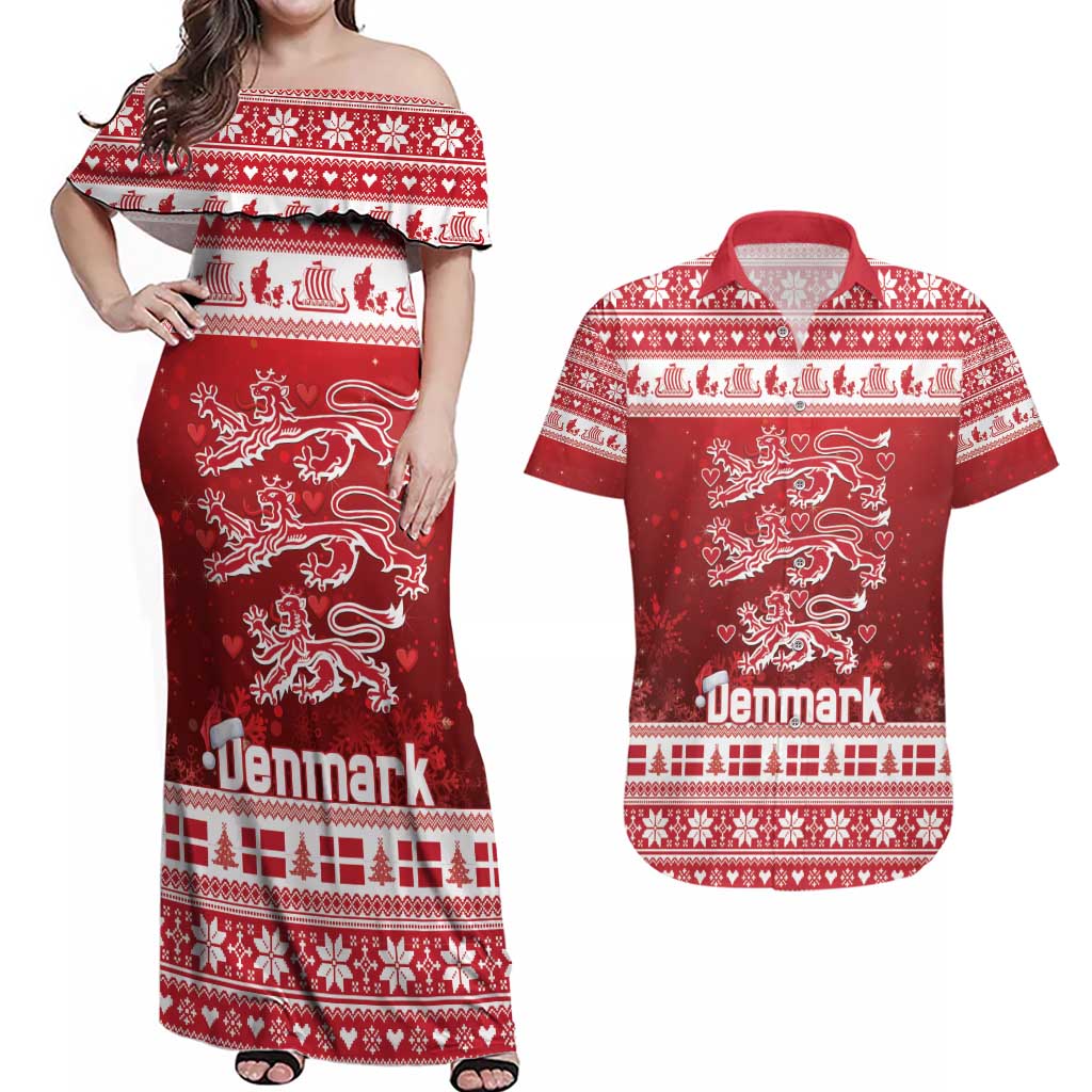 Denmark Christmas Couples Matching Off Shoulder Maxi Dress and Hawaiian Shirt Three Danish Lions - Wonder Print Shop