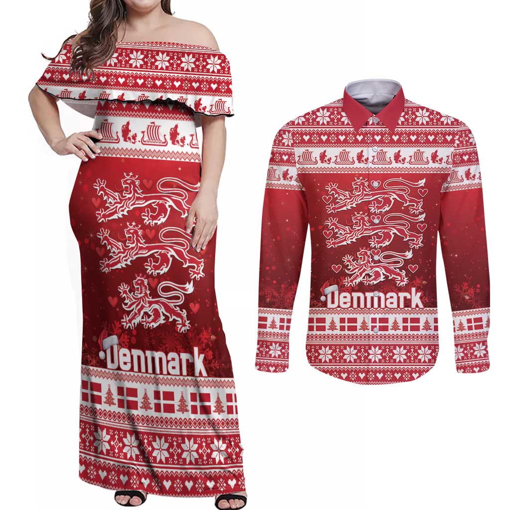 Denmark Christmas Couples Matching Off Shoulder Maxi Dress and Long Sleeve Button Shirt Three Danish Lions - Wonder Print Shop
