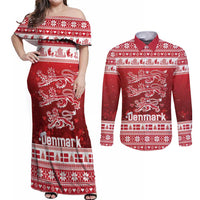 Denmark Christmas Couples Matching Off Shoulder Maxi Dress and Long Sleeve Button Shirt Three Danish Lions - Wonder Print Shop