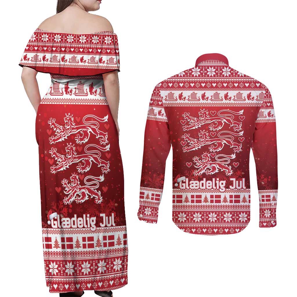 Denmark Christmas Couples Matching Off Shoulder Maxi Dress and Long Sleeve Button Shirt Three Danish Lions - Wonder Print Shop