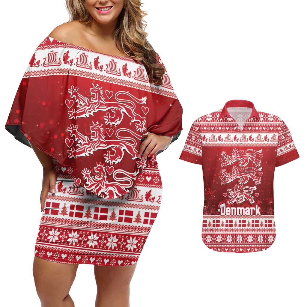 Denmark Christmas Couples Matching Off Shoulder Short Dress and Hawaiian Shirt Three Danish Lions - Wonder Print Shop
