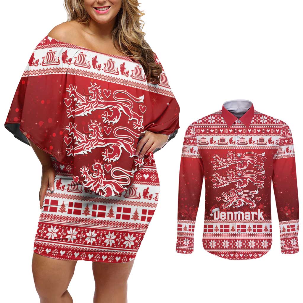 Denmark Christmas Couples Matching Off Shoulder Short Dress and Long Sleeve Button Shirt Three Danish Lions - Wonder Print Shop