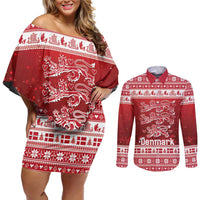 Denmark Christmas Couples Matching Off Shoulder Short Dress and Long Sleeve Button Shirt Three Danish Lions - Wonder Print Shop