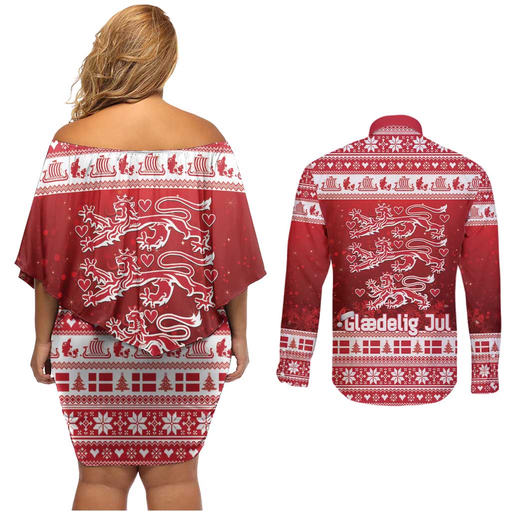Denmark Christmas Couples Matching Off Shoulder Short Dress and Long Sleeve Button Shirt Three Danish Lions - Wonder Print Shop
