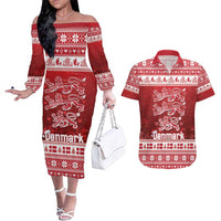 Denmark Christmas Couples Matching Off The Shoulder Long Sleeve Dress and Hawaiian Shirt Three Danish Lions - Wonder Print Shop