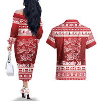 Denmark Christmas Couples Matching Off The Shoulder Long Sleeve Dress and Hawaiian Shirt Three Danish Lions - Wonder Print Shop