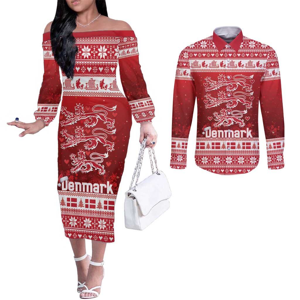 Denmark Christmas Couples Matching Off The Shoulder Long Sleeve Dress and Long Sleeve Button Shirt Three Danish Lions - Wonder Print Shop