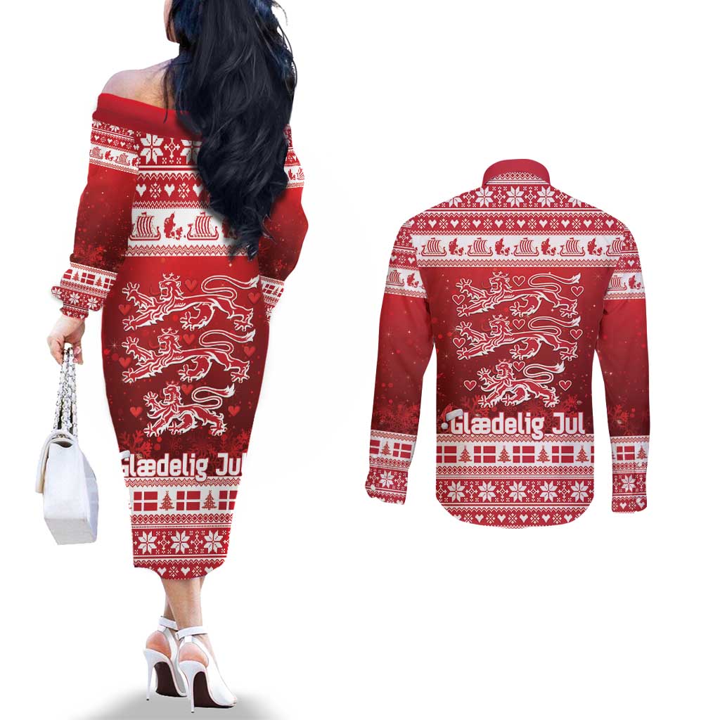 Denmark Christmas Couples Matching Off The Shoulder Long Sleeve Dress and Long Sleeve Button Shirt Three Danish Lions - Wonder Print Shop