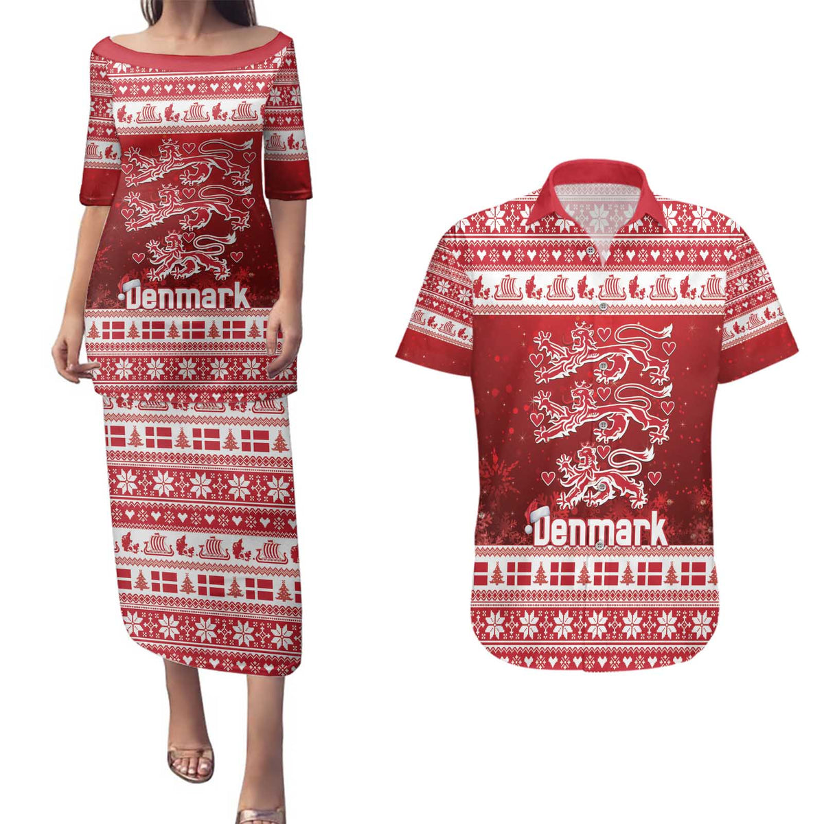 Denmark Christmas Couples Matching Puletasi and Hawaiian Shirt Three Danish Lions - Wonder Print Shop