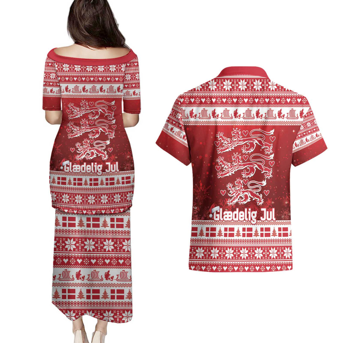 Denmark Christmas Couples Matching Puletasi and Hawaiian Shirt Three Danish Lions - Wonder Print Shop