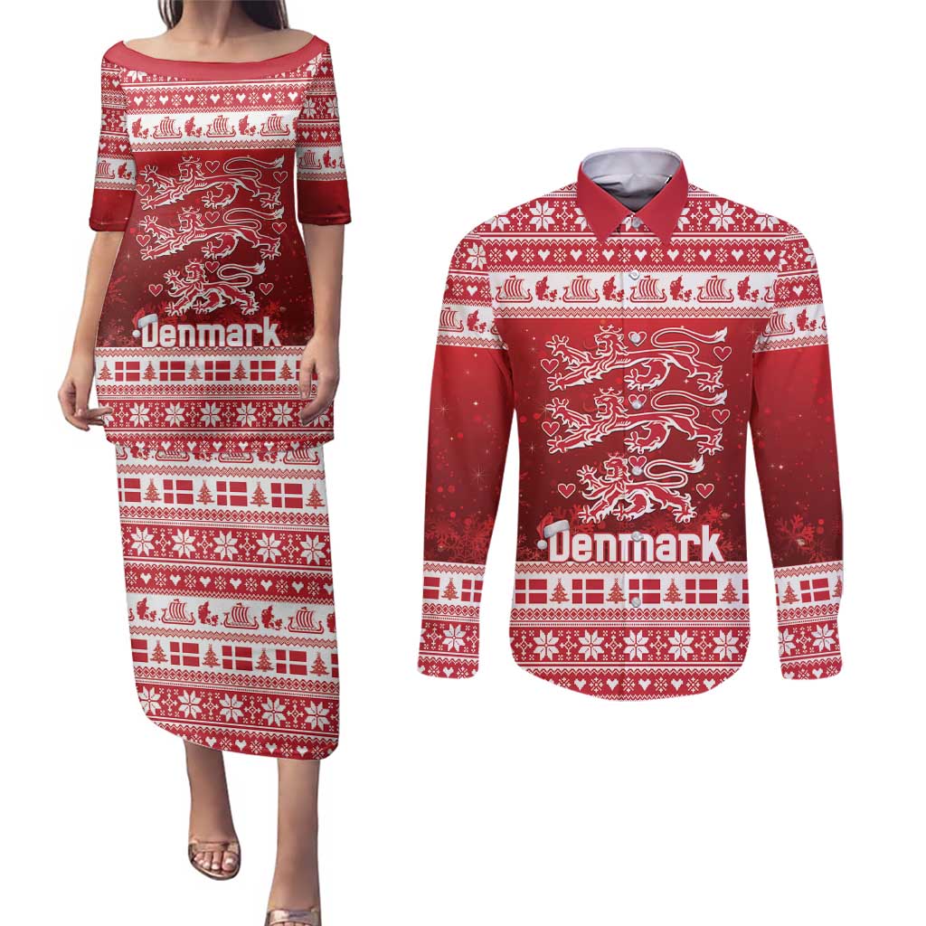 Denmark Christmas Couples Matching Puletasi and Long Sleeve Button Shirt Three Danish Lions - Wonder Print Shop