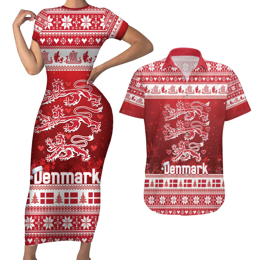 Denmark Christmas Couples Matching Short Sleeve Bodycon Dress and Hawaiian Shirt Three Danish Lions - Wonder Print Shop