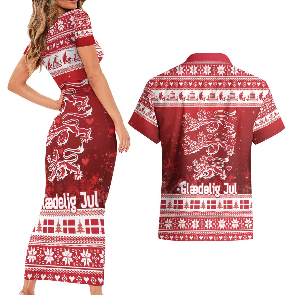 Denmark Christmas Couples Matching Short Sleeve Bodycon Dress and Hawaiian Shirt Three Danish Lions - Wonder Print Shop