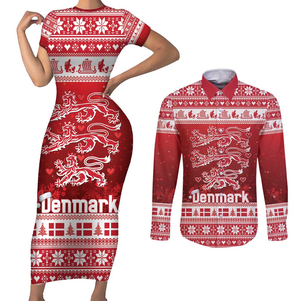 Denmark Christmas Couples Matching Short Sleeve Bodycon Dress and Long Sleeve Button Shirt Three Danish Lions - Wonder Print Shop