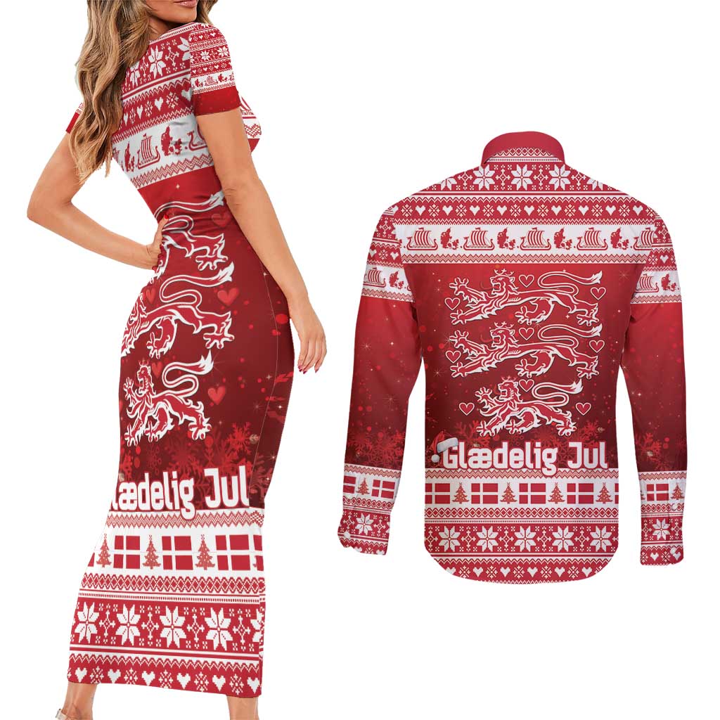 Denmark Christmas Couples Matching Short Sleeve Bodycon Dress and Long Sleeve Button Shirt Three Danish Lions - Wonder Print Shop