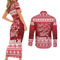 Denmark Christmas Couples Matching Short Sleeve Bodycon Dress and Long Sleeve Button Shirt Three Danish Lions - Wonder Print Shop