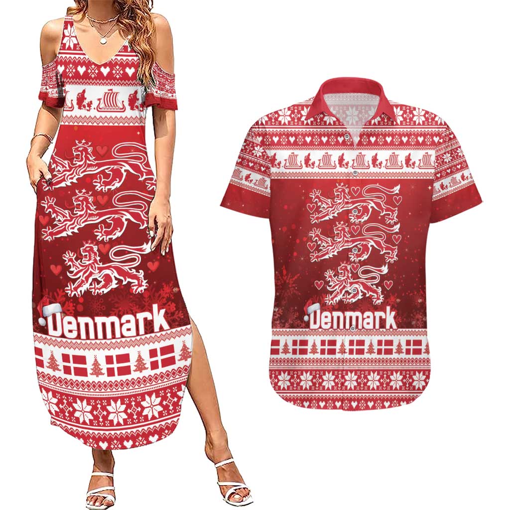 Denmark Christmas Couples Matching Summer Maxi Dress and Hawaiian Shirt Three Danish Lions - Wonder Print Shop