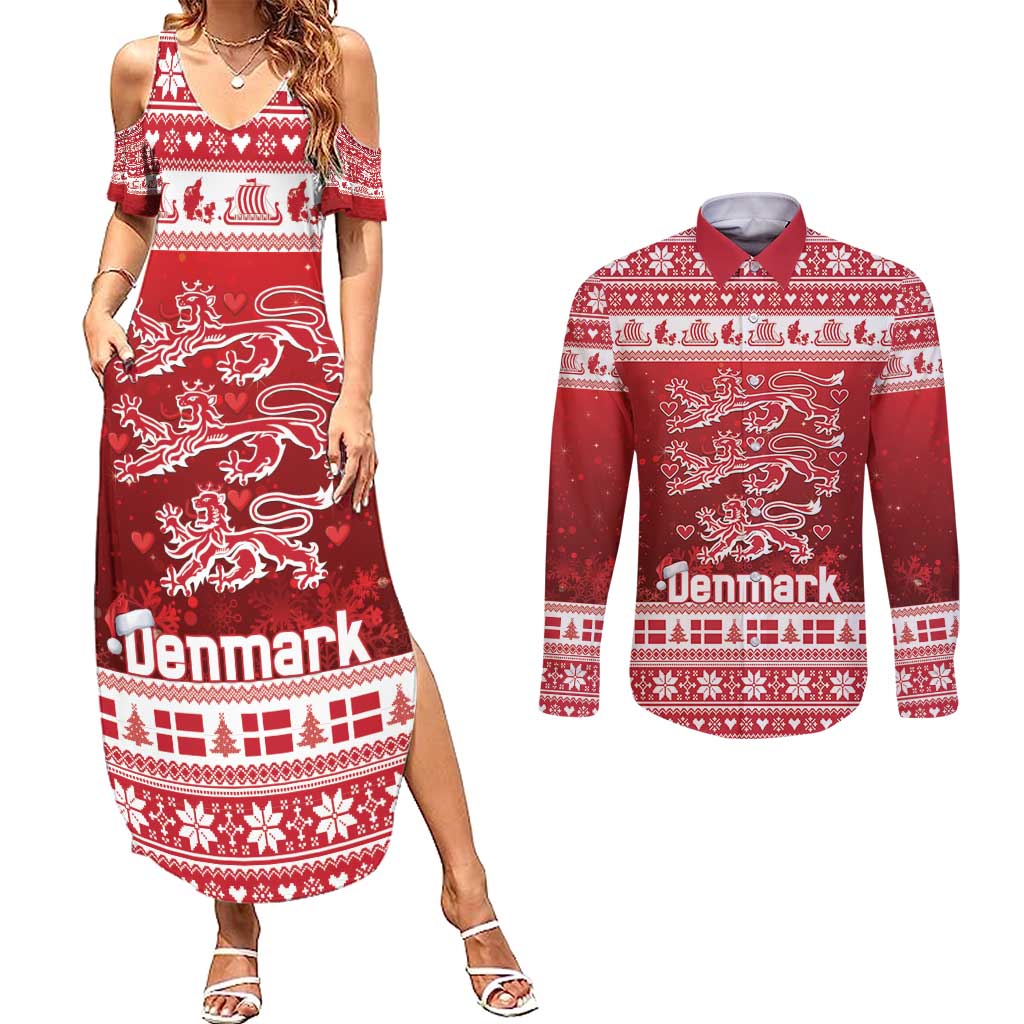 Denmark Christmas Couples Matching Summer Maxi Dress and Long Sleeve Button Shirt Three Danish Lions - Wonder Print Shop
