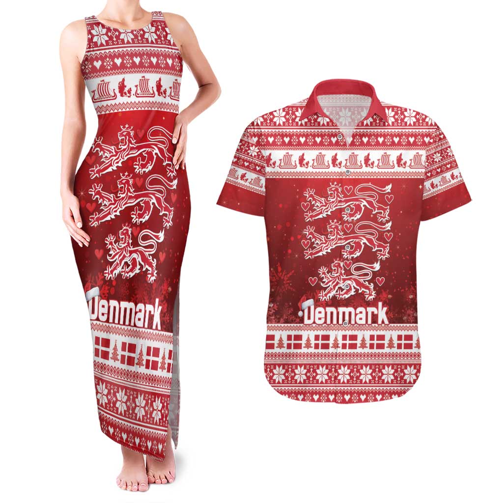Denmark Christmas Couples Matching Tank Maxi Dress and Hawaiian Shirt Three Danish Lions - Wonder Print Shop