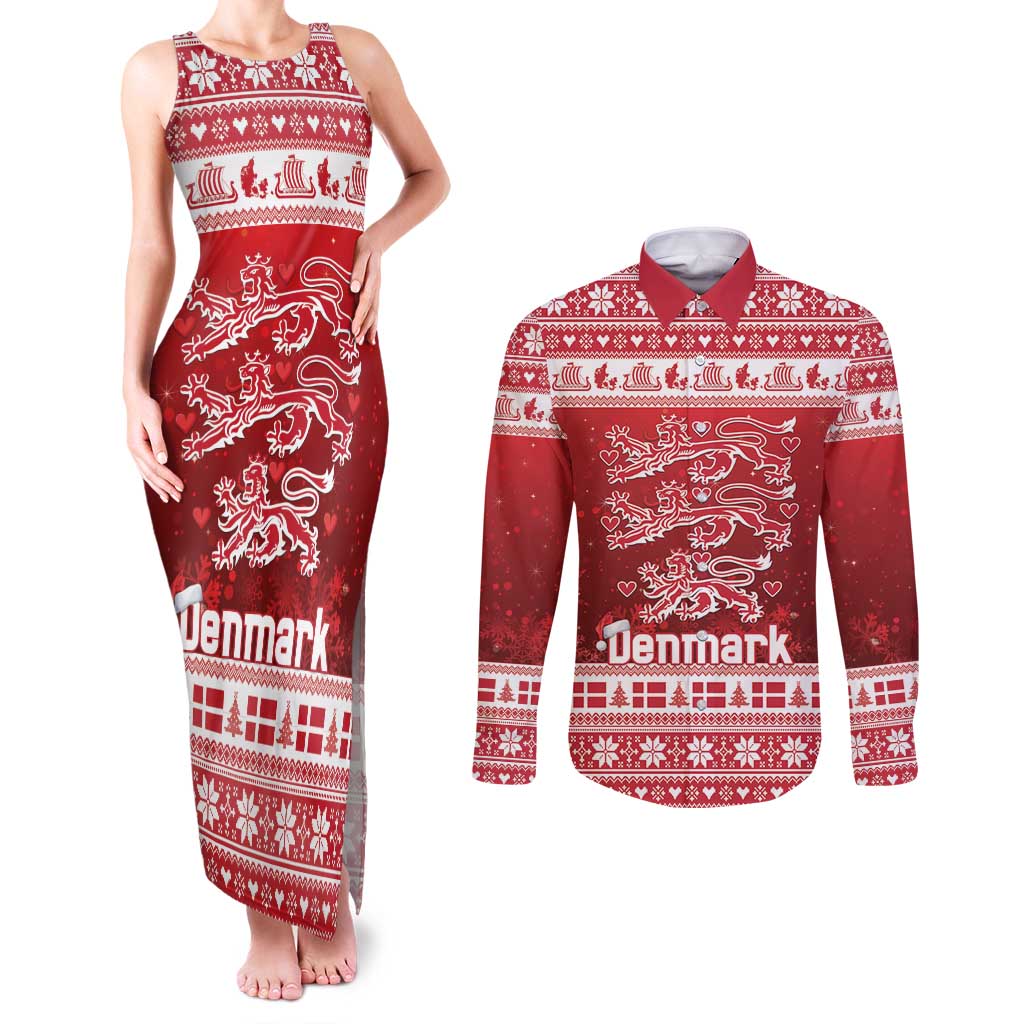 Denmark Christmas Couples Matching Tank Maxi Dress and Long Sleeve Button Shirt Three Danish Lions - Wonder Print Shop