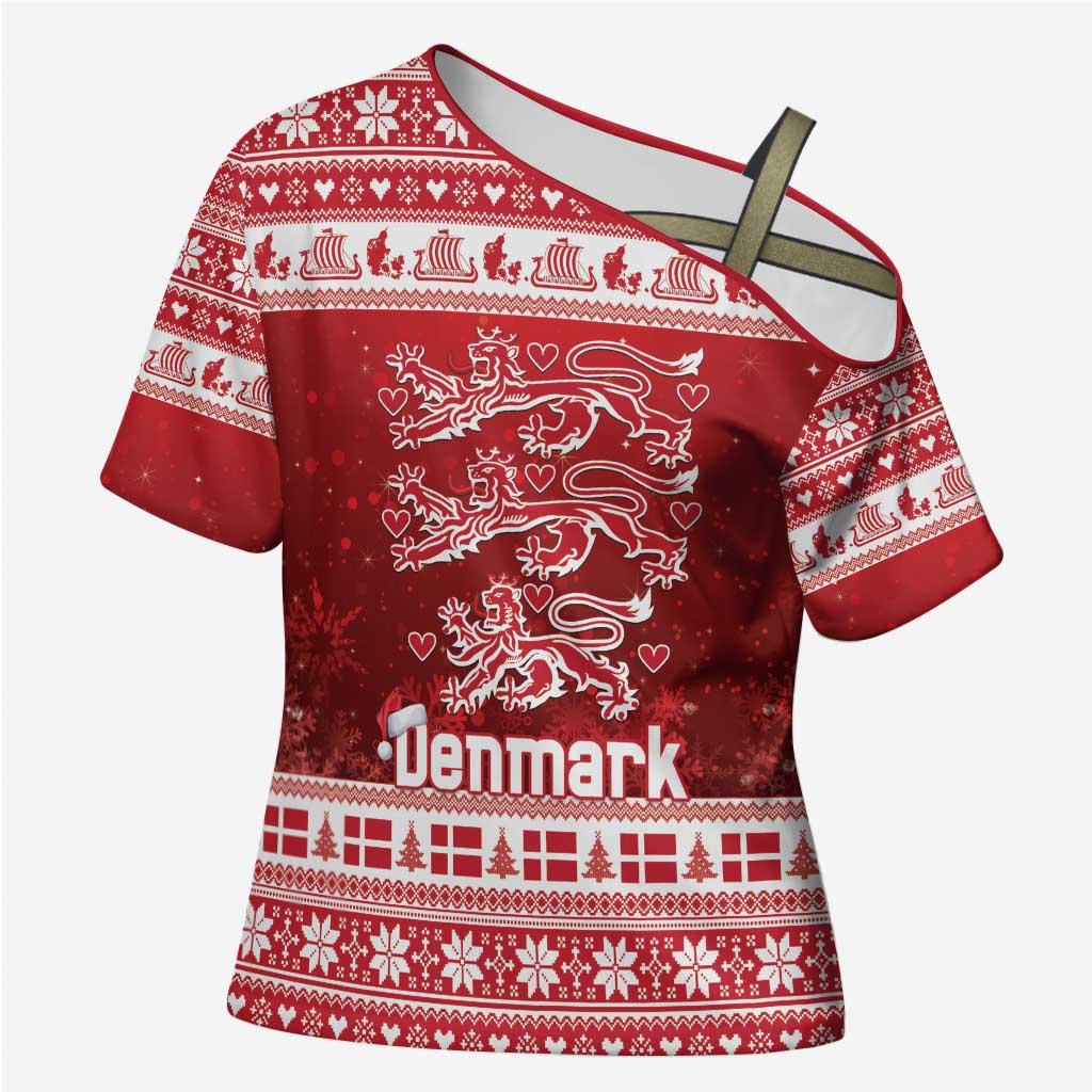 Denmark Christmas Cross Shoulder Shirt Three Danish Lions - Wonder Print Shop
