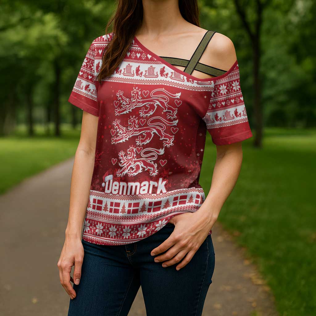 Denmark Christmas Cross Shoulder Shirt Three Danish Lions - Wonder Print Shop