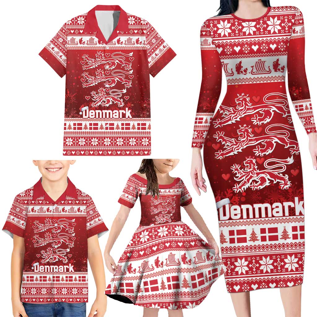 Denmark Christmas Family Matching Long Sleeve Bodycon Dress and Hawaiian Shirt Three Danish Lions - Wonder Print Shop