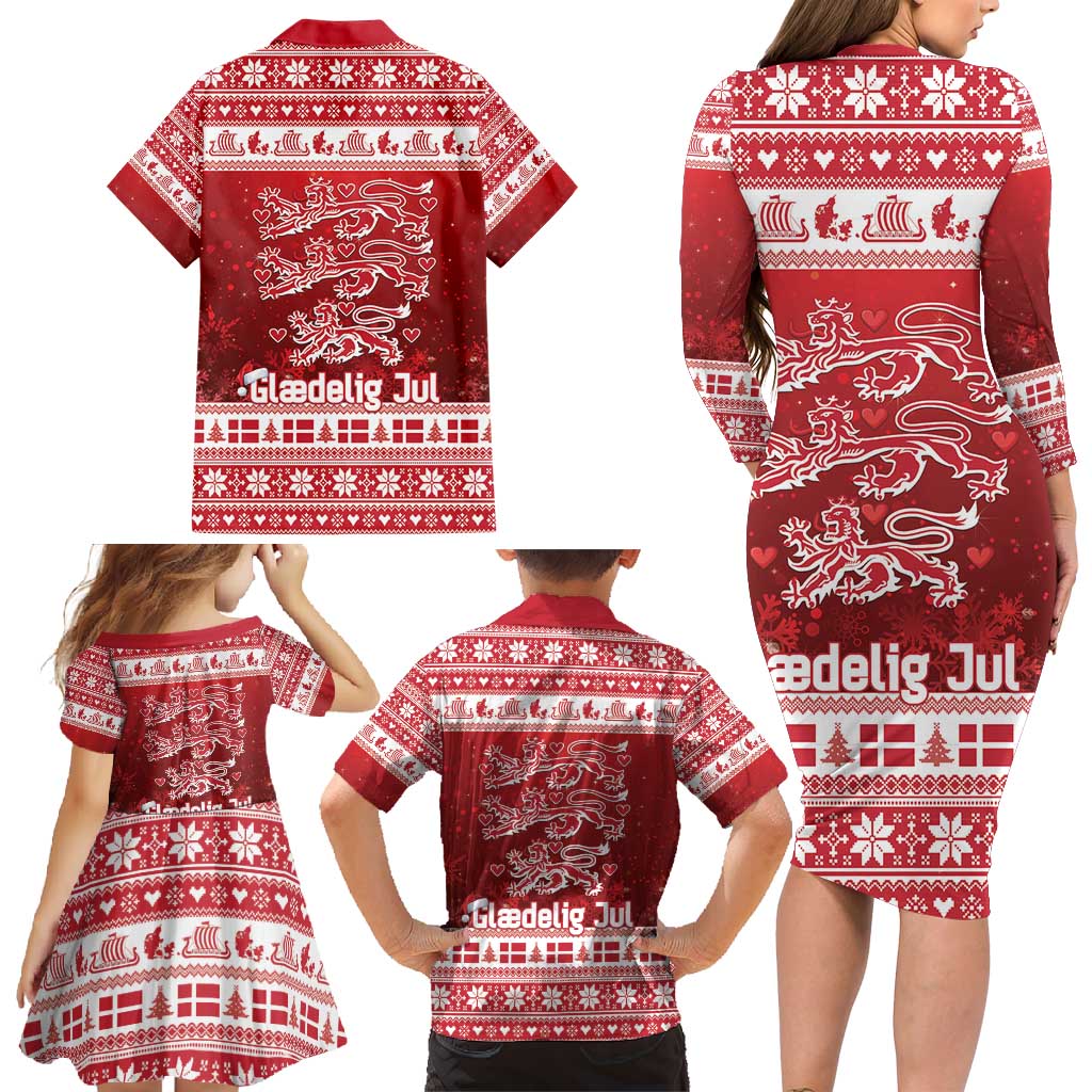 Denmark Christmas Family Matching Long Sleeve Bodycon Dress and Hawaiian Shirt Three Danish Lions - Wonder Print Shop