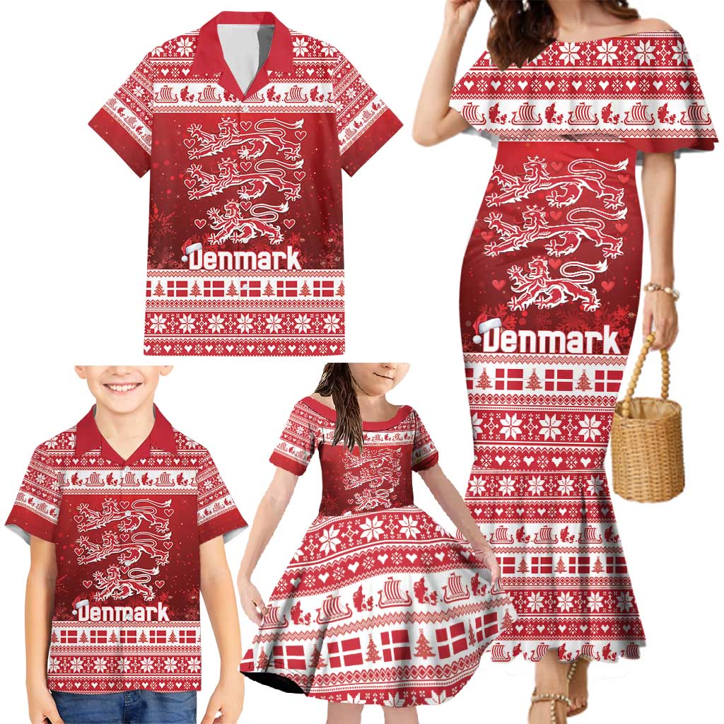 Denmark Christmas Family Matching Mermaid Dress and Hawaiian Shirt Three Danish Lions - Wonder Print Shop