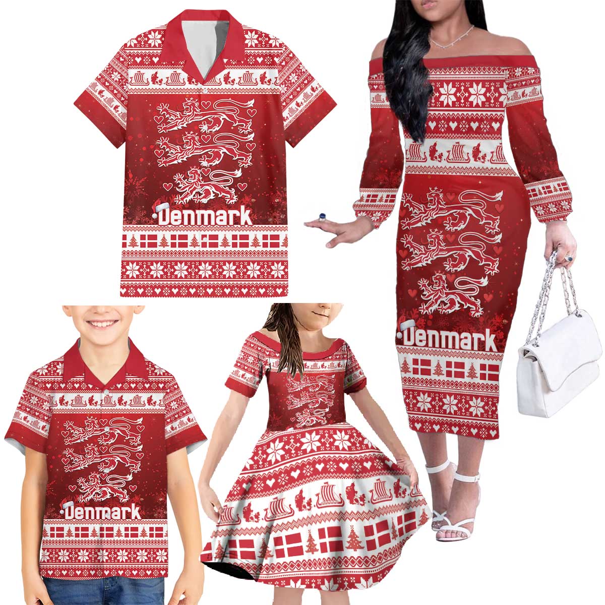 Denmark Christmas Family Matching Off The Shoulder Long Sleeve Dress and Hawaiian Shirt Three Danish Lions - Wonder Print Shop